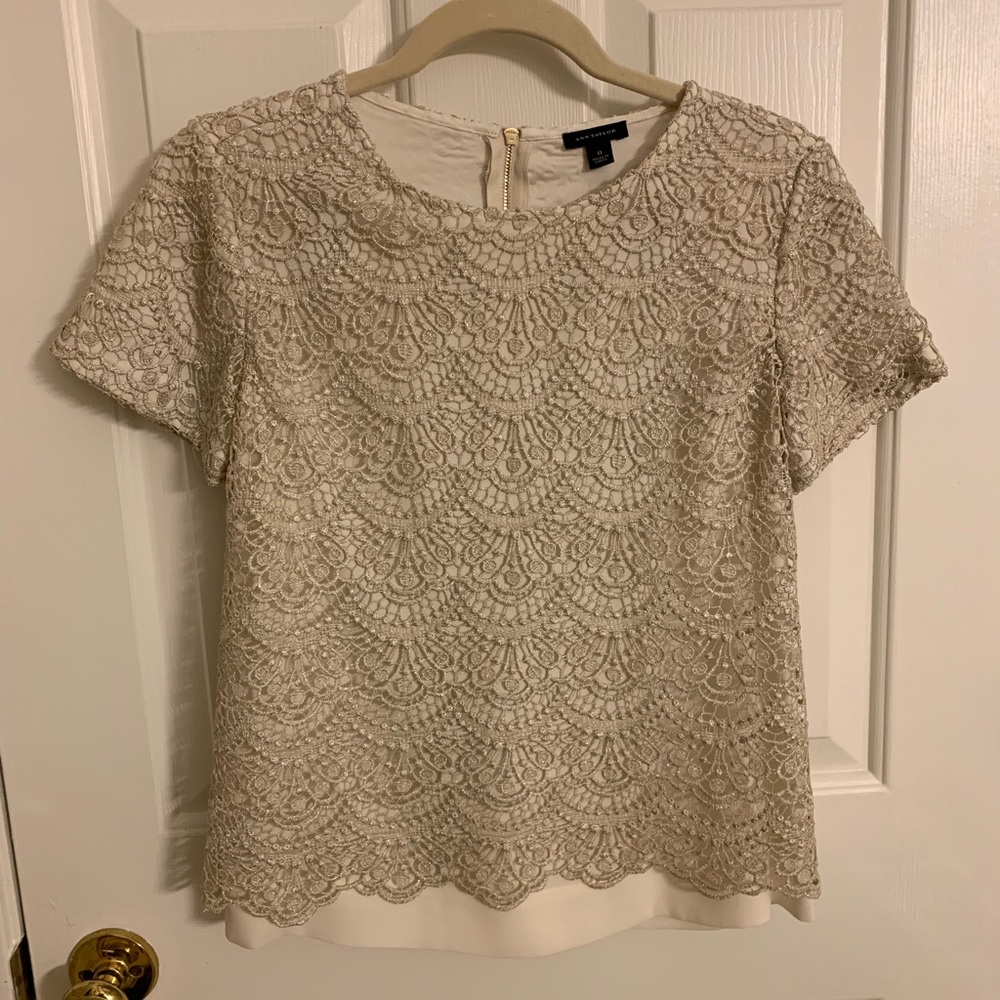 Ann Taylor Lace Detail Gold/Cream Shirt, Size 0